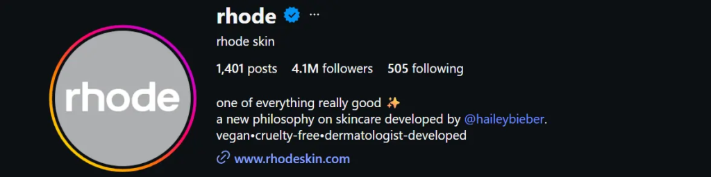 A screenshot of rhode instagram bio to showcase a good bio 