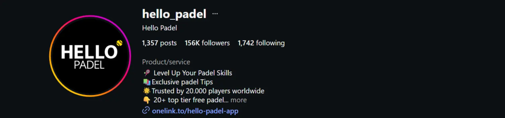 A screenshot of hello_padel instagram bio to showcase a good bio 